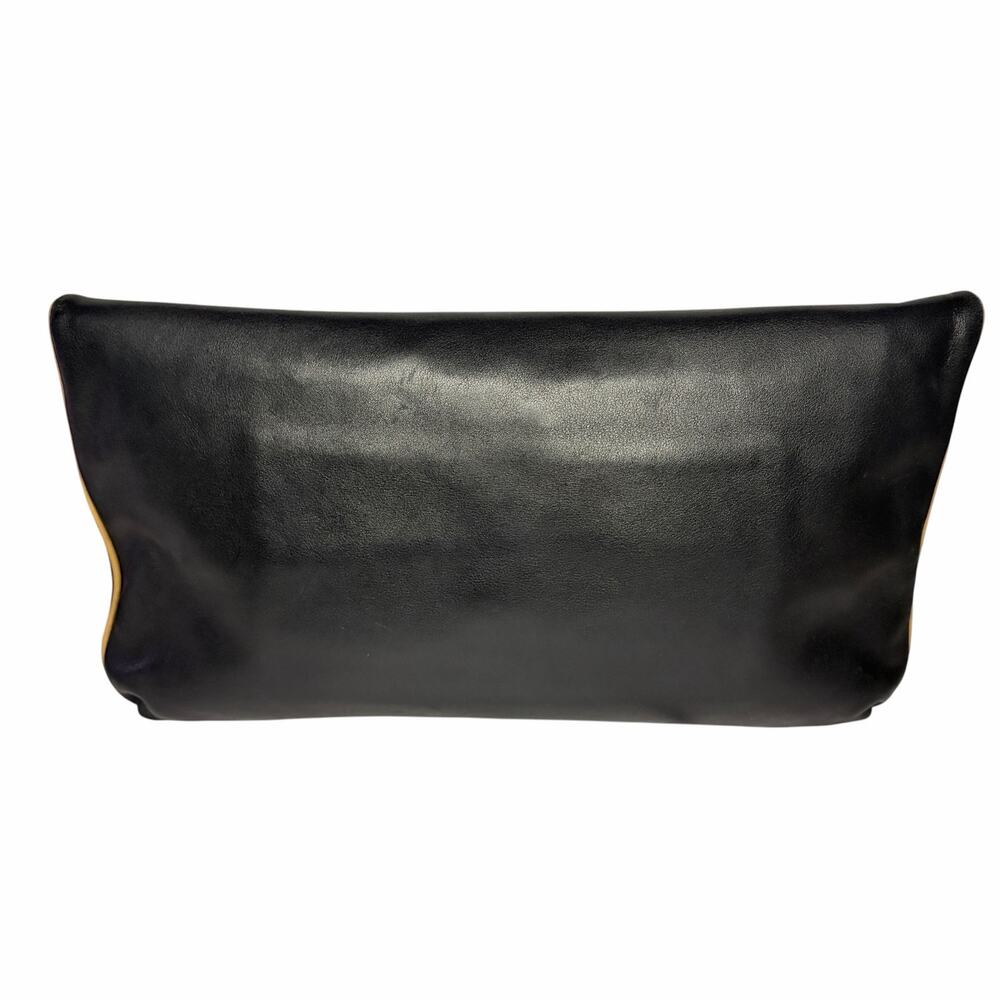 Vintage Celine Black Leather Foldover Clutch Tan Crest Logo Gold Hardware - Picture 2 of 12